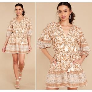 NWT Cleobella Brown Tamil Block Print Rosy Mini Dress Women's Size XS